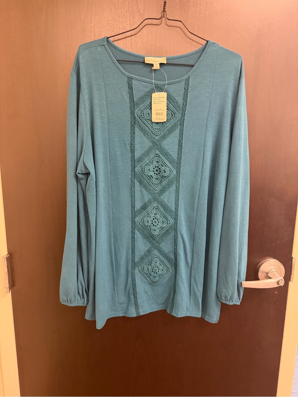 NWT Women's Crochet-Panel Long Sleeve Tee in Teal 3X